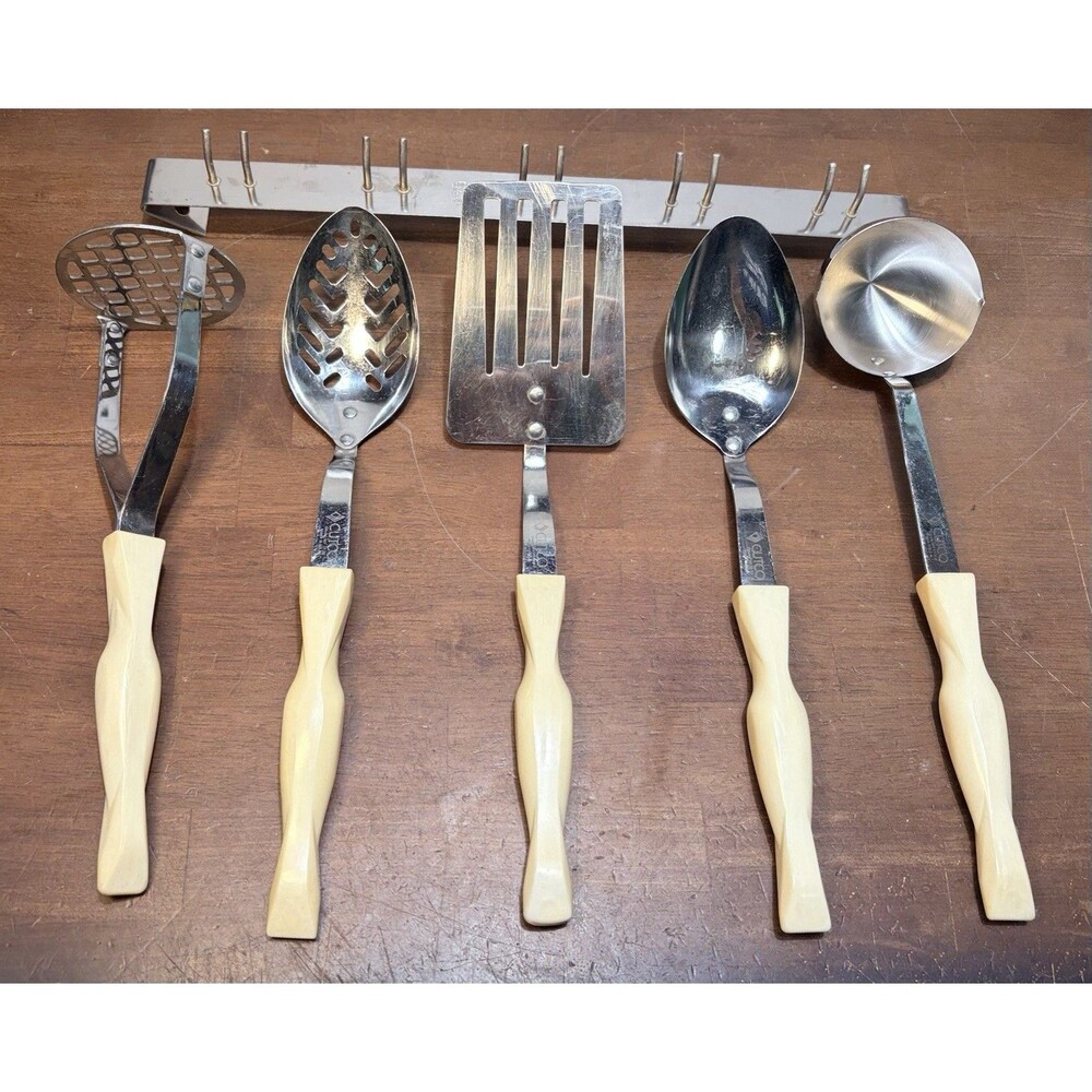 Vtg CUTCO 5 Piece Utensil Set White Pearl Handle Plus Wall Mount Rack